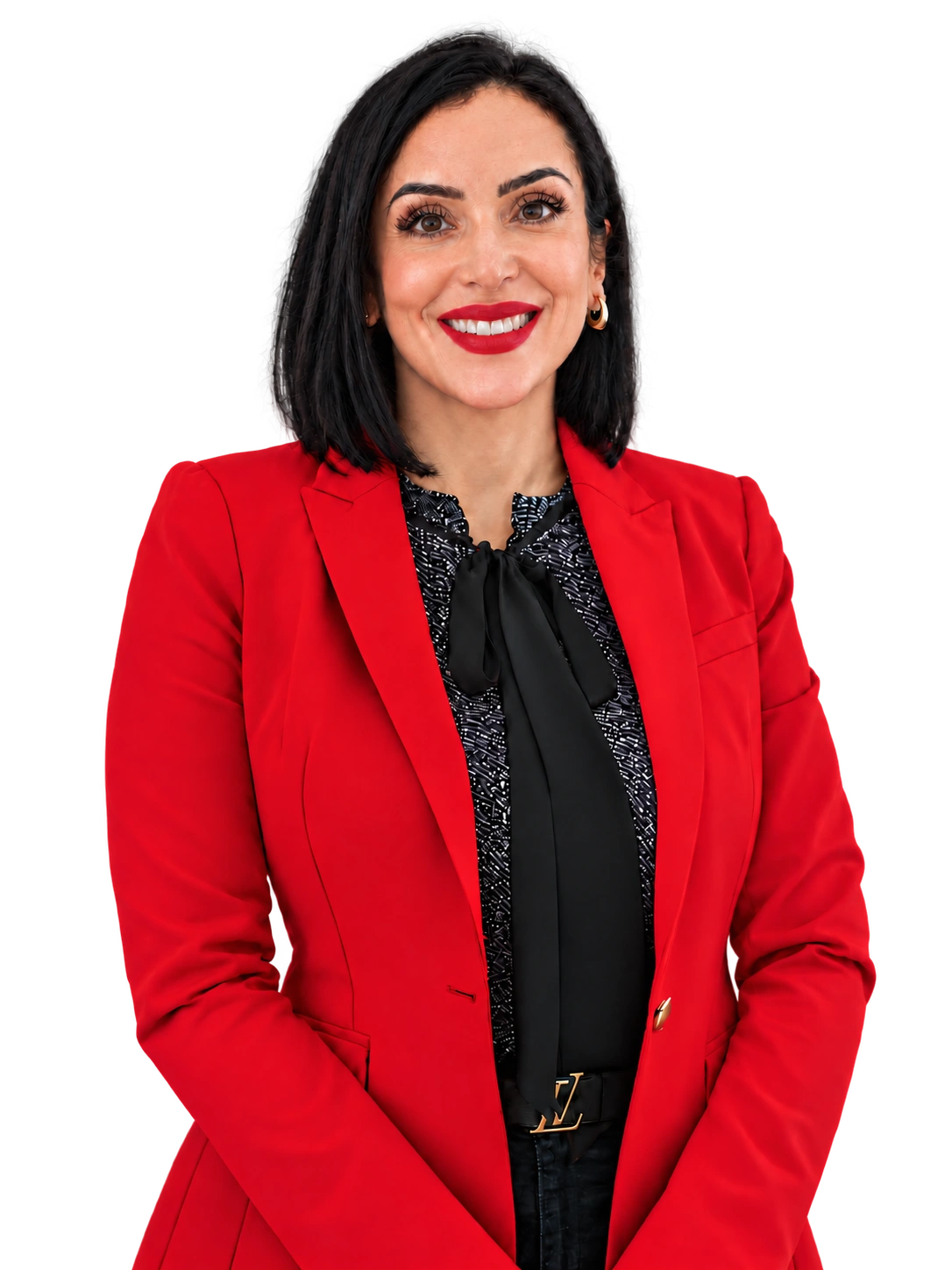 Yanet Candelario smiling in a red blazer