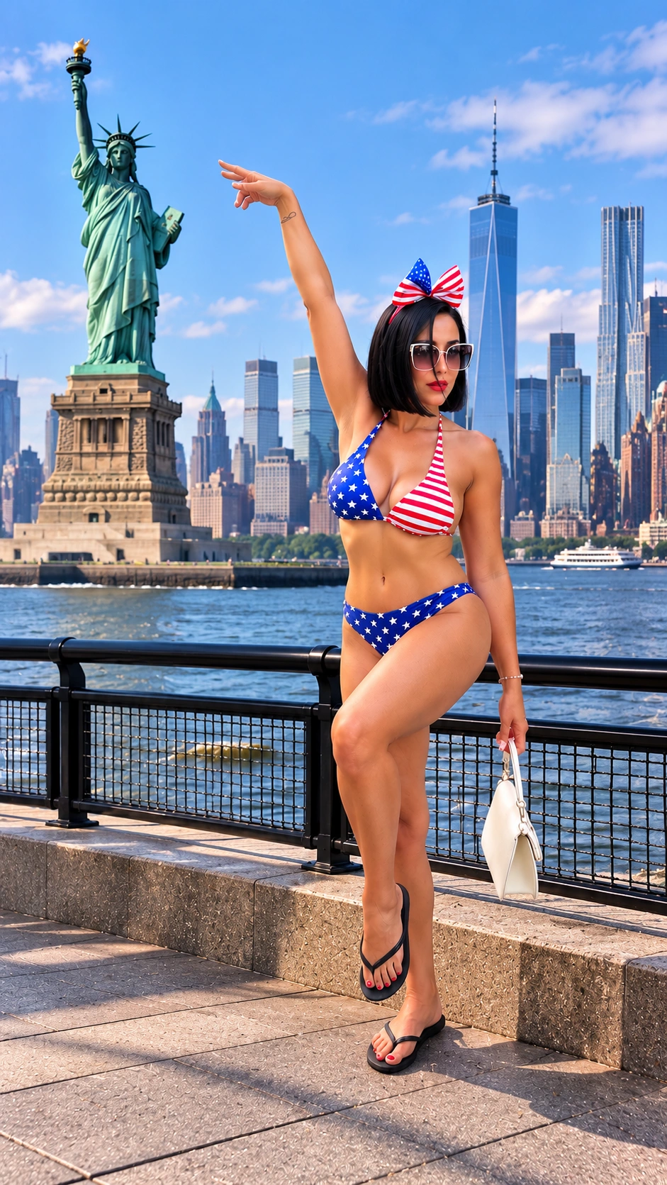 Yanet in a stars-and-stripes bikini at New York Harbor with the Statue of Liberty and Manhattan skyline
